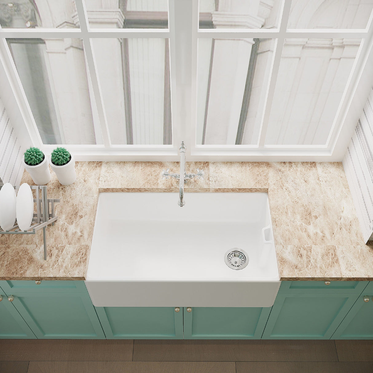 [BKS220WT4] Traditional Fireclay Ceramic Kitchen Belfast Sink Bundle with Overflow, French Classic Tap & Waste - 795mm - Lifestyle 2