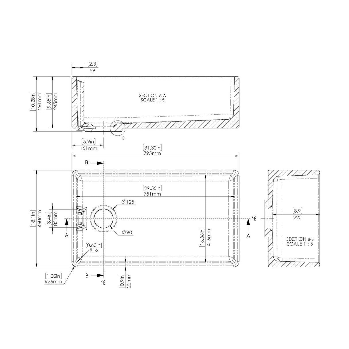 [BKS220] Single Bowl Fireclay Ceramic Belfast Kitchen Sink - Multiple Sizes Available - Technical Drawing
