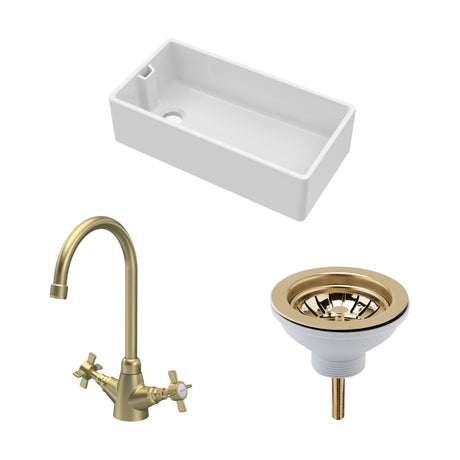 [BKS221WT11] Traditional Fireclay Kitchen Bundle: Single Bowl Belfast Sink, Strainer Waste & Mono Crosshead Handle Tap, 895mm - Brushed Brass - Cutout