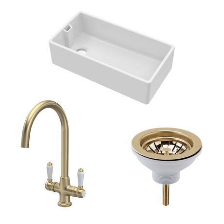 Fireclay Kitchen Bundle 1 Bowl Belfast Sink with Strainer Waste & Mono Lever Handle Tap, 895mm Brushed Brass