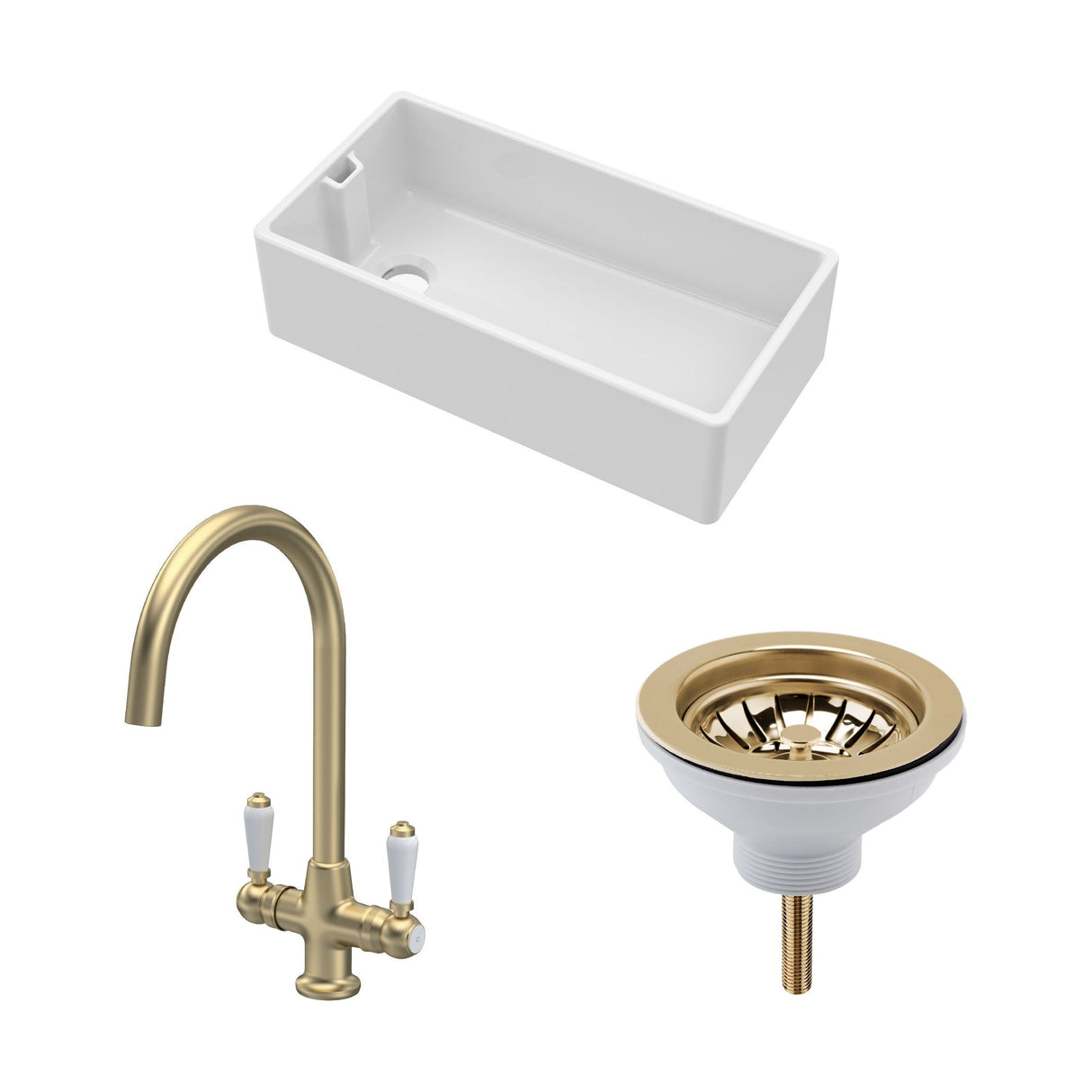 [BKS221WT12] Traditional Fireclay Kitchen Bundle: Single Bowl Belfast Sink with Strainer Waste & Mono Lever Handle Tap, 895mm - Brushed Brass - Cutout