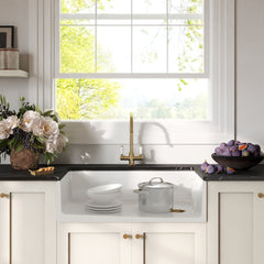 [BKS221WT12] Traditional Fireclay Kitchen Bundle: Single Bowl Belfast Sink with Strainer Waste & Mono Lever Handle Tap, 895mm - Brushed Brass - Lifestyle 1