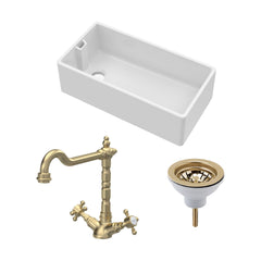 [BKS221WT13] Traditional Fireclay Kitchen Bundle: Single Bowl Belfast Sink, Strainer Waste & French Classic Mono Tap, 895mm - Brushed Brass - Cutout