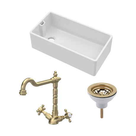 [BKS221WT13] Traditional Fireclay Kitchen Bundle: Single Bowl Belfast Sink, Strainer Waste & French Classic Mono Tap, 895mm - Brushed Brass - Cutout