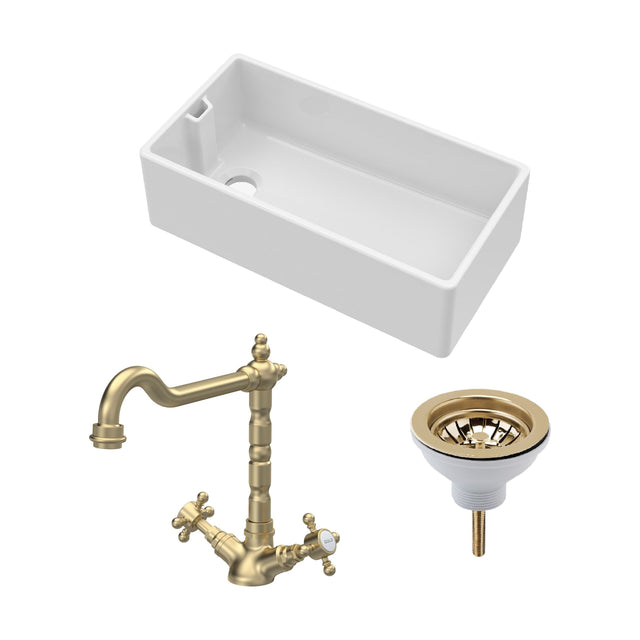 [BKS221WT13] Traditional Fireclay Kitchen Bundle: Single Bowl Belfast Sink, Strainer Waste & French Classic Mono Tap, 895mm - Brushed Brass - Cutout