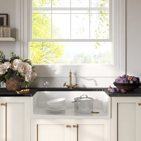 [BKS221WT13] Traditional Fireclay Kitchen Bundle: Single Bowl Belfast Sink, Strainer Waste & French Classic Mono Tap, 895mm - Brushed Brass - Lifestyle 1