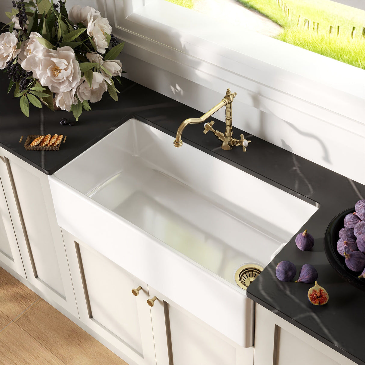 [BKS221WT13] Traditional Fireclay Kitchen Bundle: Single Bowl Belfast Sink, Strainer Waste & French Classic Mono Tap, 895mm - Brushed Brass - Lifestyle 2