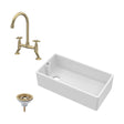 [BKS221WT14] Traditional Fireclay Kitchen Bundle: Single Bowl Belfast Sink, Strainer Waste & Bridge Crosshead Mixer Tap, 895mm - Brushed Brass - Cutout