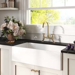 [BKS221WT14] Traditional Fireclay Kitchen Bundle: Single Bowl Belfast Sink, Strainer Waste & Bridge Crosshead Mixer Tap, 895mm - Brushed Brass - Lifestyle 3