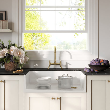 [BKS221WT15] Traditional Fireclay Kitchen Bundle: 1 Bowl Belfast Sink with Strainer Waste & Bridge Lever Mixer Tap, 895mm - Brushed Brass - Lifestyle 1