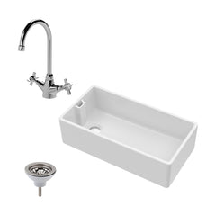 [BKS221WT2] Single Bowl Fireclay Ceramic Belfast Kitchen Sink Bundle with Overflow Mono Sink Mixer Tap & Waste - Cutout