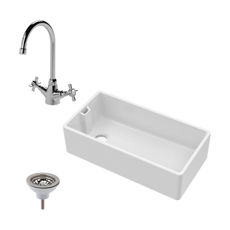 [BKS221WT2] Single Bowl Fireclay Ceramic Belfast Kitchen Sink Bundle with Overflow Mono Sink Mixer Tap & Waste - Cutout