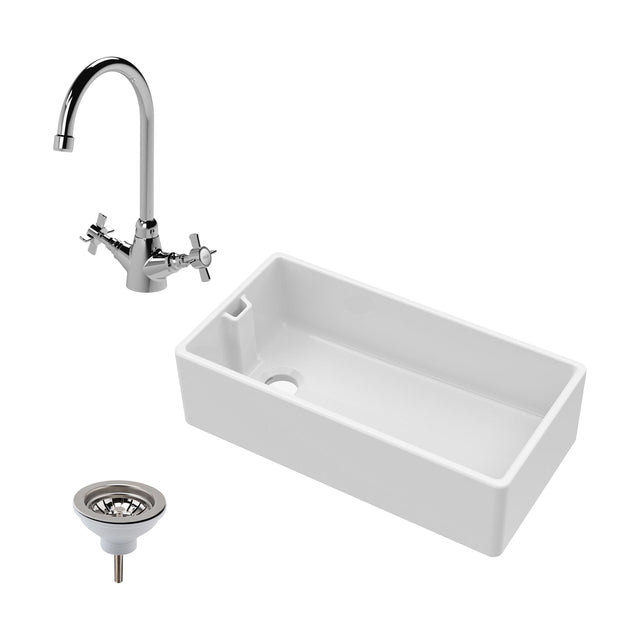 [BKS221WT2] Single Bowl Fireclay Ceramic Belfast Kitchen Sink Bundle with Overflow Mono Sink Mixer Tap & Waste - Cutout