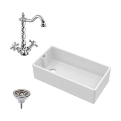 [BKS221WT4] Traditional 90cm Fireclay Ceramic Belfast Kitchen Sink Bundle with French Classic Tap & Waste - 895mm - Cutout
