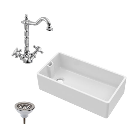 [BKS221WT4] Traditional 90cm Fireclay Ceramic Belfast Kitchen Sink Bundle with French Classic Tap & Waste - 895mm - Cutout