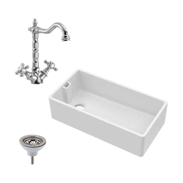[BKS221WT4] Traditional 90cm Fireclay Ceramic Belfast Kitchen Sink Bundle with French Classic Tap & Waste - 895mm - Cutout