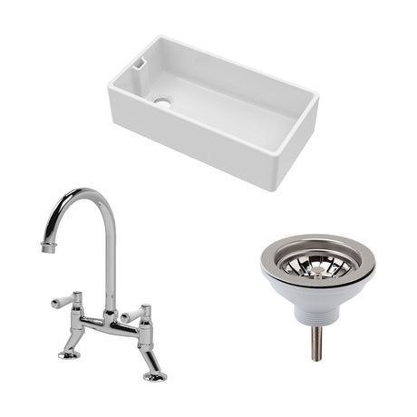 [BKS221WT5] Traditional Fireclay Kitchen Bundle: Single Bowl Belfast Sink, Strainer Waste & Bridge Mixer Tap, 895mm - Chrome - Cutout