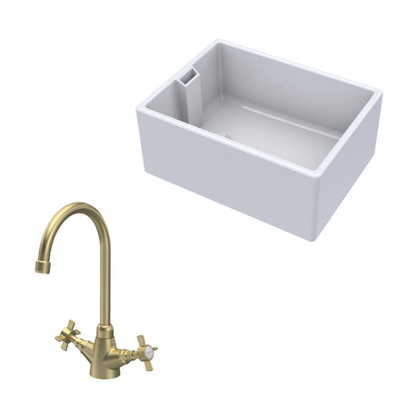 [BKS222WT11] Traditional Fireclay Kitchen Bundle: Single Bowl Belfast Sink & Mono Crosshead Handle Tap, 615mm - Brushed Brass - Cutout