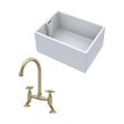 [BKS222WT14] Traditional Fireclay Kitchen Bundle: Single Bowl Belfast Sink & Bridge Crosshead Mixer Tap, 615mm - Brushed Brass - Cutout