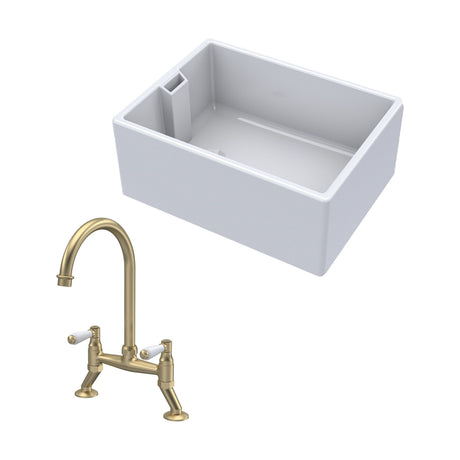 [BKS222WT15] Fireclay Kitchen Bundle - Single Bowl Belfast Sink & Bridge Lever Mixer Tap, 615mm - Brushed Brass - Cutout