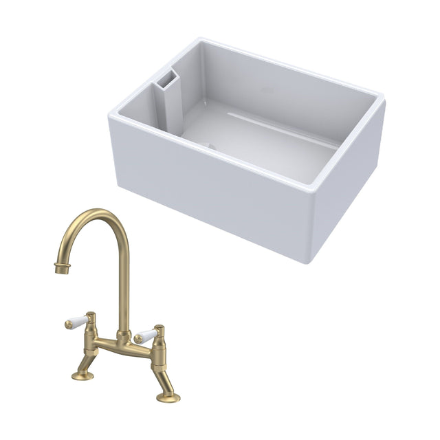 [BKS222WT15] Fireclay Kitchen Bundle - Single Bowl Belfast Sink & Bridge Lever Mixer Tap, 615mm - Brushed Brass - Cutout