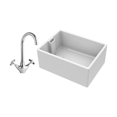 [BKS222WT2] Traditional Single Bowl Fireclay Ceramic Belfast Sink with Mono Kitchen Sink Mixer Tap - Cutout