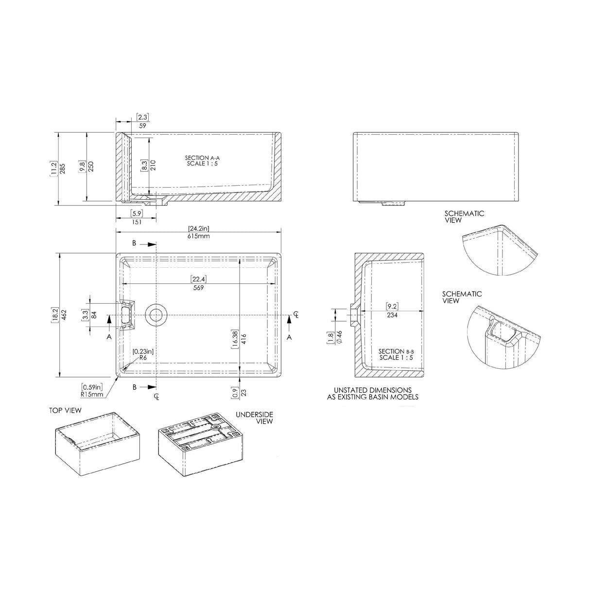 [BKS222WT2] Traditional Single Bowl Fireclay Ceramic Belfast Sink with Mono Kitchen Sink Mixer Tap - Technical Drawing