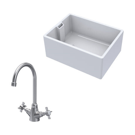 [BKS222WT6] Traditional Fireclay Kitchen Bundle: Single Bowl Belfast Sink & Mono Crosshead Handle Tap, 615mm - Brushed Nickel - Cutout