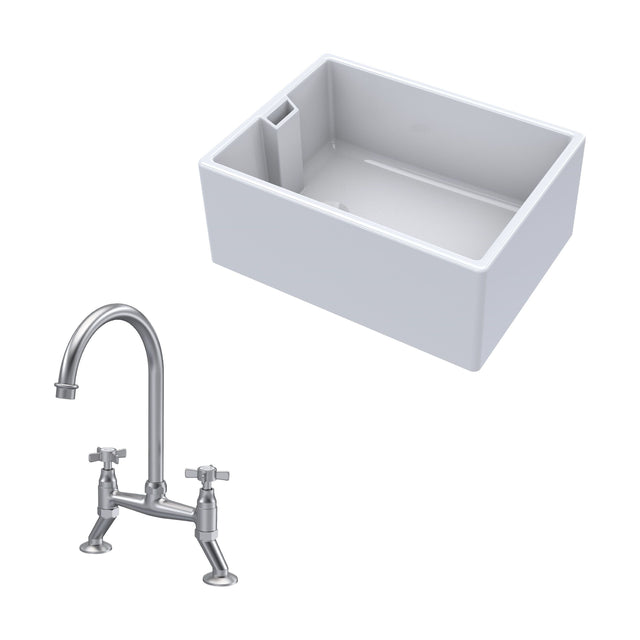 [BKS222WT9] Traditional Fireclay Kitchen Bundle: Single Bowl Belfast Sink & Bridge Crosshead Mixer Tap, 615mm - Brushed Nickel - Cutout