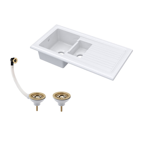 101cm 1.5 Bowl Fireclay Inset Kitchen Sink with Waste - 1010 x 525 x 235mm - Choice of Waste Finish