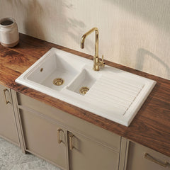 [BKS230W1] 101cm 1.5 Bowl Fireclay Inset Kitchen Sink with Waste - 1010 x 525 x 235mm - Choice of Waste Finish - Silo