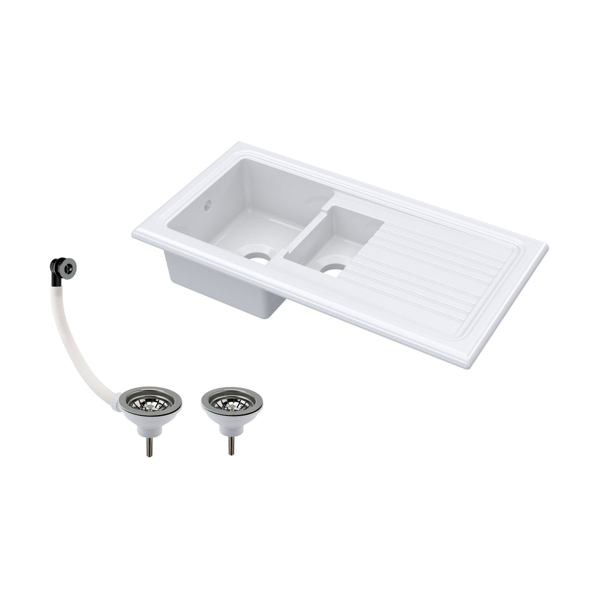 [BKS230W2] 101cm 1.5 Bowl Fireclay Inset Kitchen Sink with Waste - 1010 x 525 x 235mm - Choice of Waste Finish - Cutout