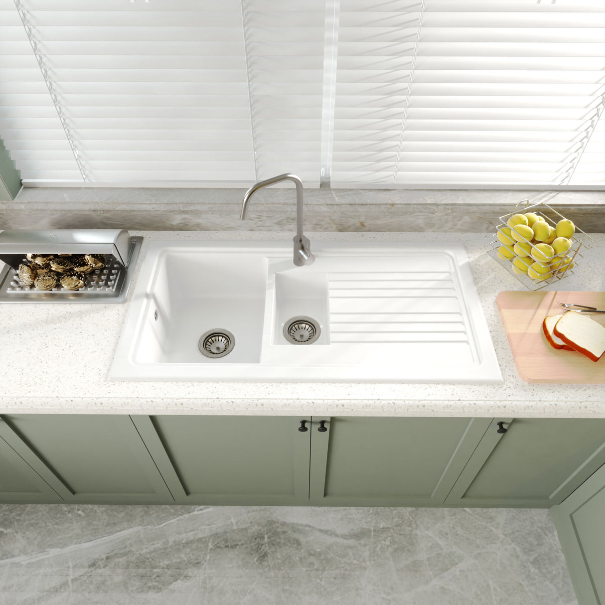 [BKS230W2] 101cm 1.5 Bowl Fireclay Inset Kitchen Sink with Waste - 1010 x 525 x 235mm - Choice of Waste Finish - Lifestyle 2