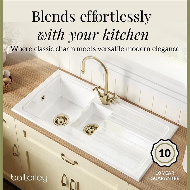 [BKS230WT11] Traditional Fireclay Kitchen Bundle: 1.5 Bowl Sink & Drainer, Waste & Mono Crosshead Tap, 1010mm - Brushed Brass - Lifestyle 2