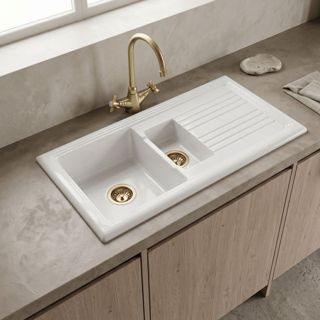 [BKS230WT11] Traditional Fireclay Kitchen Bundle: 1.5 Bowl Sink & Drainer, Waste & Mono Crosshead Tap, 1010mm - Brushed Brass - Silo