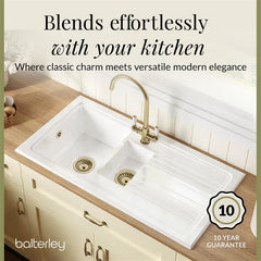 [BKS230WT12] Traditional Fireclay Kitchen Bundle: 1.5 Bowl Sink with Drainer, Waste & Mono Lever Tap, 1010mm - Brushed Brass - Lifestyle 2