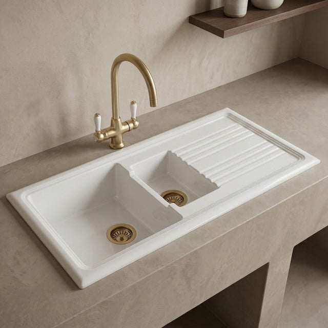 [BKS230WT12] Traditional Fireclay Kitchen Bundle: 1.5 Bowl Sink with Drainer, Waste & Mono Lever Tap, 1010mm - Brushed Brass - Silo