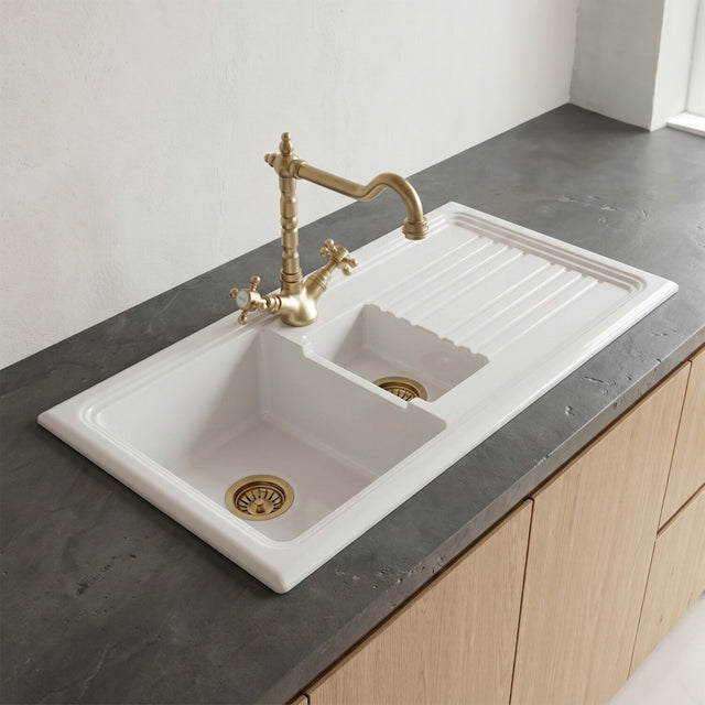 [BKS230WT13] Traditional Fireclay Kitchen Bundle: 1.5 Bowl Sink & Drainer, Waste & French Classic Tap, 1010mm - Brushed Brass - Silo