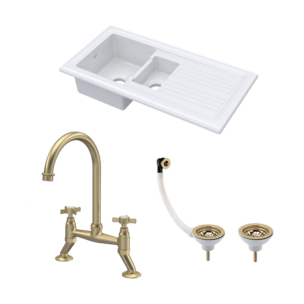 [BKS230WT14] Traditional Fireclay Kitchen Bundle: 1.5 Bowl Sink & Drainer, Waste & Bridge Crosshead Tap, 1010mm - Brushed Brass - Cutout