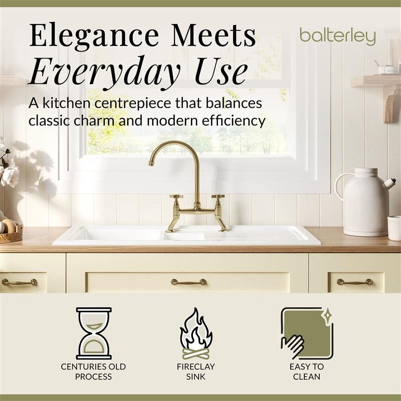 [BKS230WT14] Traditional Fireclay Kitchen Bundle: 1.5 Bowl Sink & Drainer, Waste & Bridge Crosshead Tap, 1010mm - Brushed Brass - Lifestyle 1