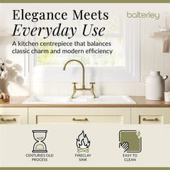 [BKS230WT14] Traditional Fireclay Kitchen Bundle: 1.5 Bowl Sink & Drainer, Waste & Bridge Crosshead Tap, 1010mm - Brushed Brass - Lifestyle 1