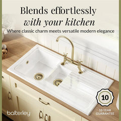 [BKS230WT14] Traditional Fireclay Kitchen Bundle: 1.5 Bowl Sink & Drainer, Waste & Bridge Crosshead Tap, 1010mm - Brushed Brass - Lifestyle 2
