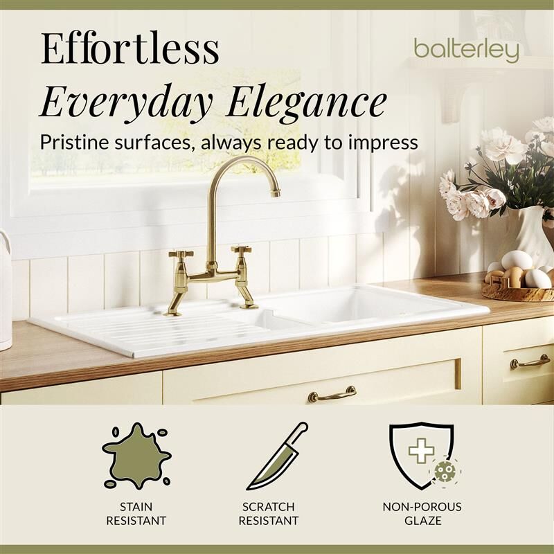 [BKS230WT14] Traditional Fireclay Kitchen Bundle: 1.5 Bowl Sink & Drainer, Waste & Bridge Crosshead Tap, 1010mm - Brushed Brass - Lifestyle 3
