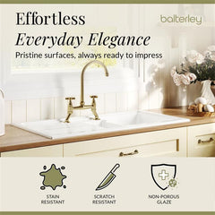 [BKS230WT14] Traditional Fireclay Kitchen Bundle: 1.5 Bowl Sink & Drainer, Waste & Bridge Crosshead Tap, 1010mm - Brushed Brass - Lifestyle 3