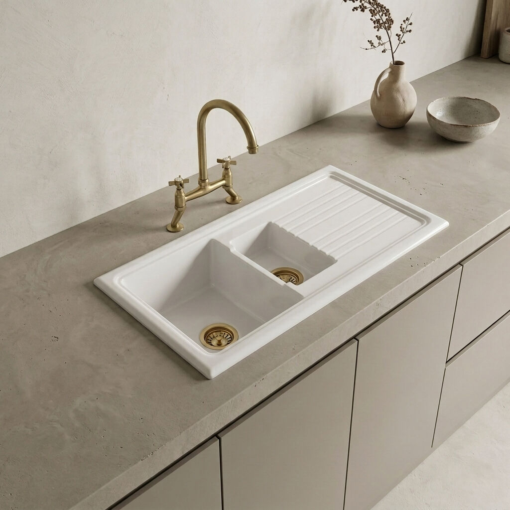 [BKS230WT14] Traditional Fireclay Kitchen Bundle: 1.5 Bowl Sink & Drainer, Waste & Bridge Crosshead Tap, 1010mm - Brushed Brass - Silo