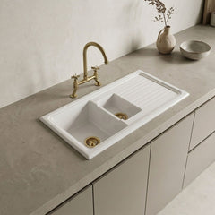 [BKS230WT14] Traditional Fireclay Kitchen Bundle: 1.5 Bowl Sink & Drainer, Waste & Bridge Crosshead Tap, 1010mm - Brushed Brass - Silo