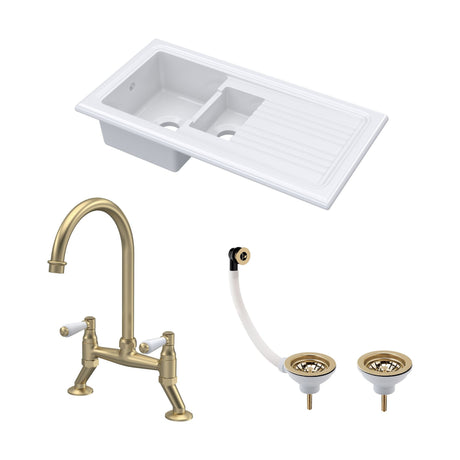 [BKS230WT15] Traditional Fireclay Kitchen Bundle: 1.5 Bowl Sink & Drainer, Waste & Bridge Lever Tap, 1010mm - Brushed Brass - Cutout