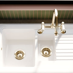 [BKS230WT15] Traditional Fireclay Kitchen Bundle: 1.5 Bowl Sink & Drainer, Waste & Bridge Lever Tap, 1010mm - Brushed Brass - Lifestyle 2