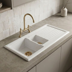 [BKS230WT15] Traditional Fireclay Kitchen Bundle: 1.5 Bowl Sink & Drainer, Waste & Bridge Lever Tap, 1010mm - Brushed Brass - Silo