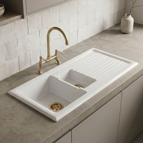 [BKS230WT15] Traditional Fireclay Kitchen Bundle: 1.5 Bowl Sink & Drainer, Waste & Bridge Lever Tap, 1010mm - Brushed Brass - Silo